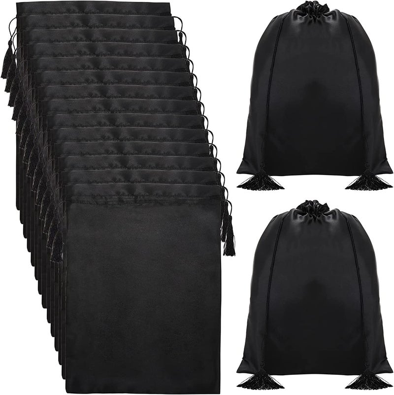 Youeon 16 Pcs Silk Satin Wig Bags 12x16 Satin Black Gift  Travel Bag with Drawstring Tassel Hair Bags for Packaging Wig Bundles Hair Extensions Storage Sacks for Home Salon Travel
